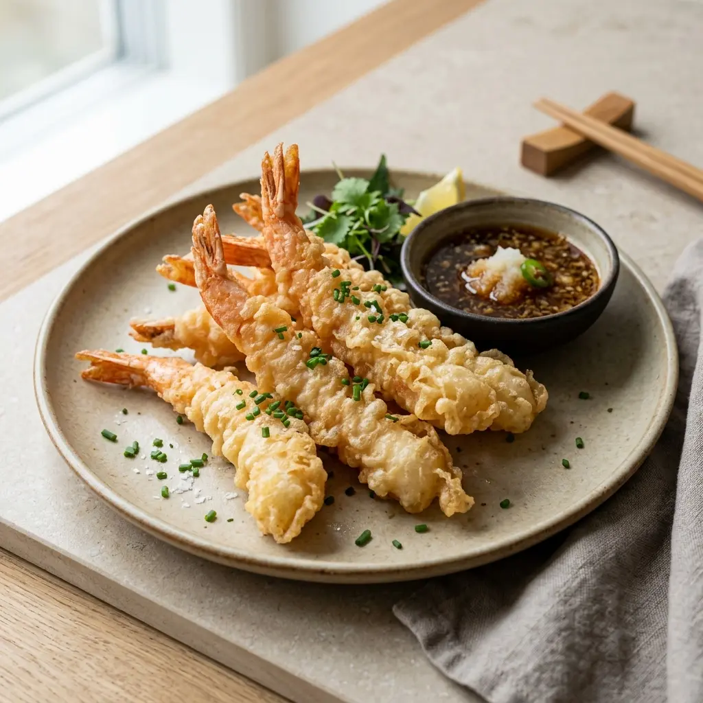 Ett glas tempuraräkor serverat kallt och fräscht med enkel garnering