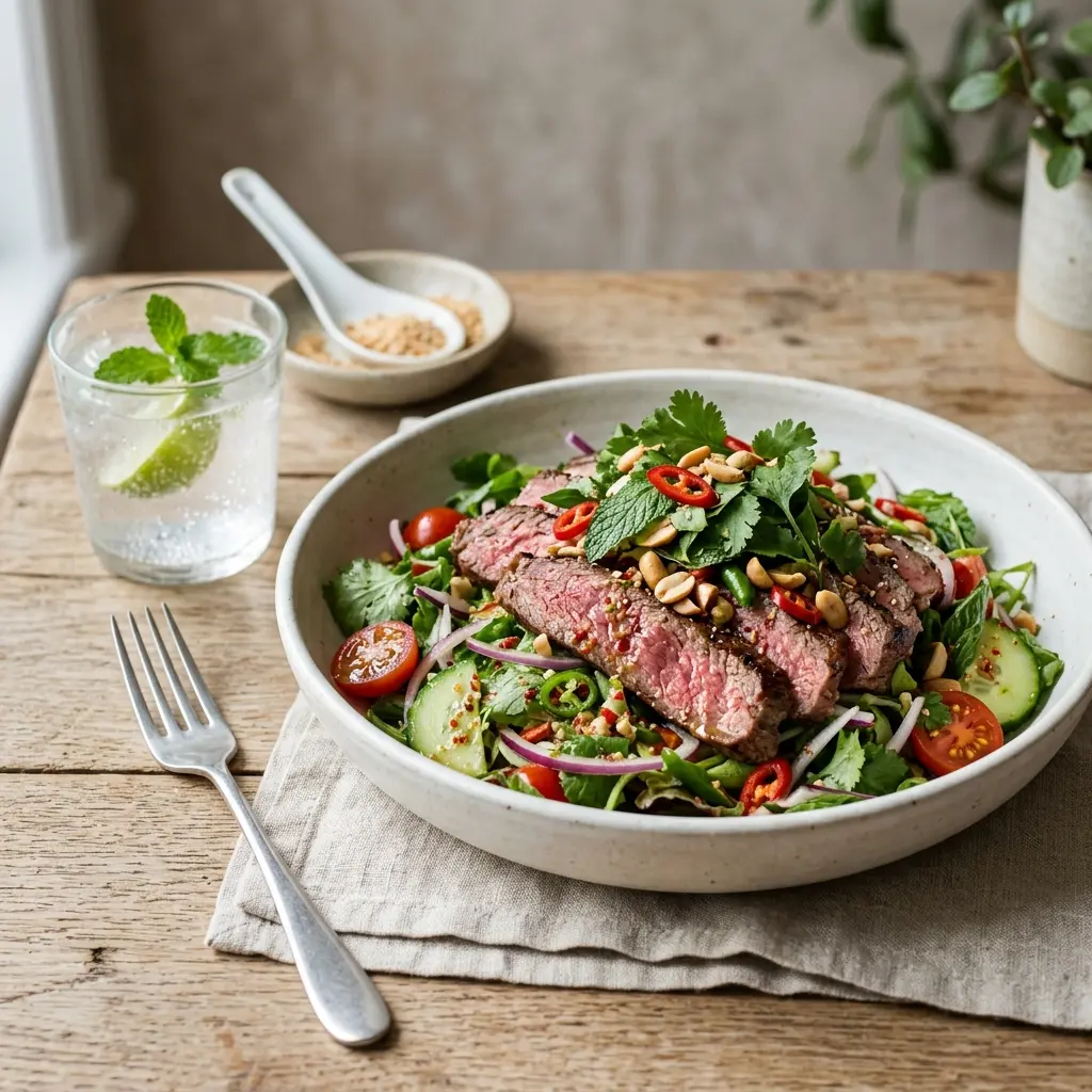 Nylagad thai beef salad serverad på ett aptitligt och hemlagat sätt