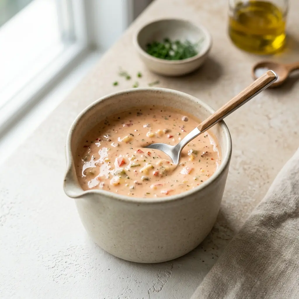 En skål med thousand Island-dressing klar att servera som smakrikt tillbehör