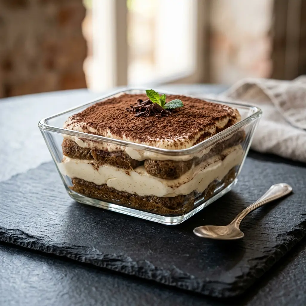 Nylagad tiramisu serverad på ett aptitligt och hemlagat sätt