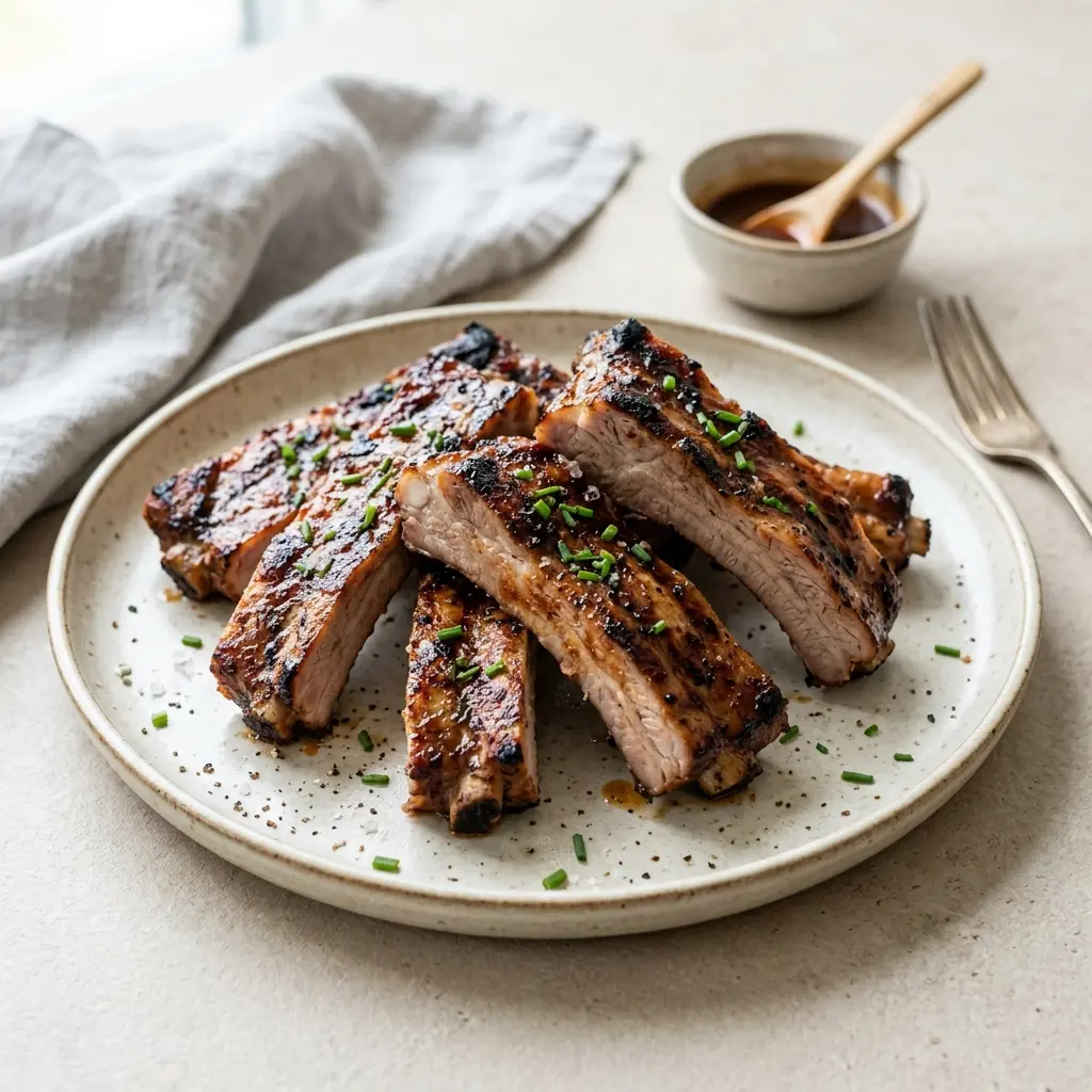 Nylagad tjocka revben på grillen serverad på ett aptitligt och hemlagat sätt