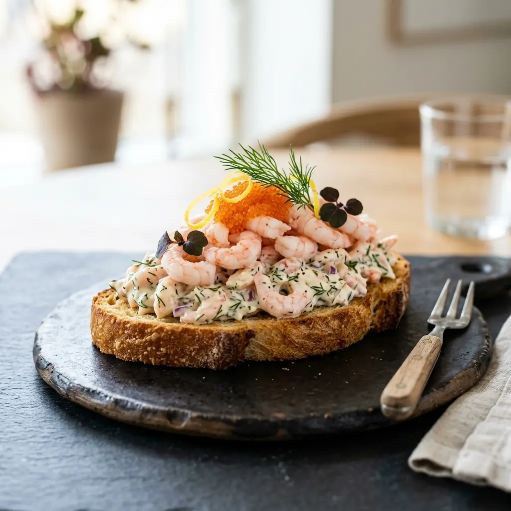 Nybakad toast Skagen med skaldjur serverad och klar att njuta av