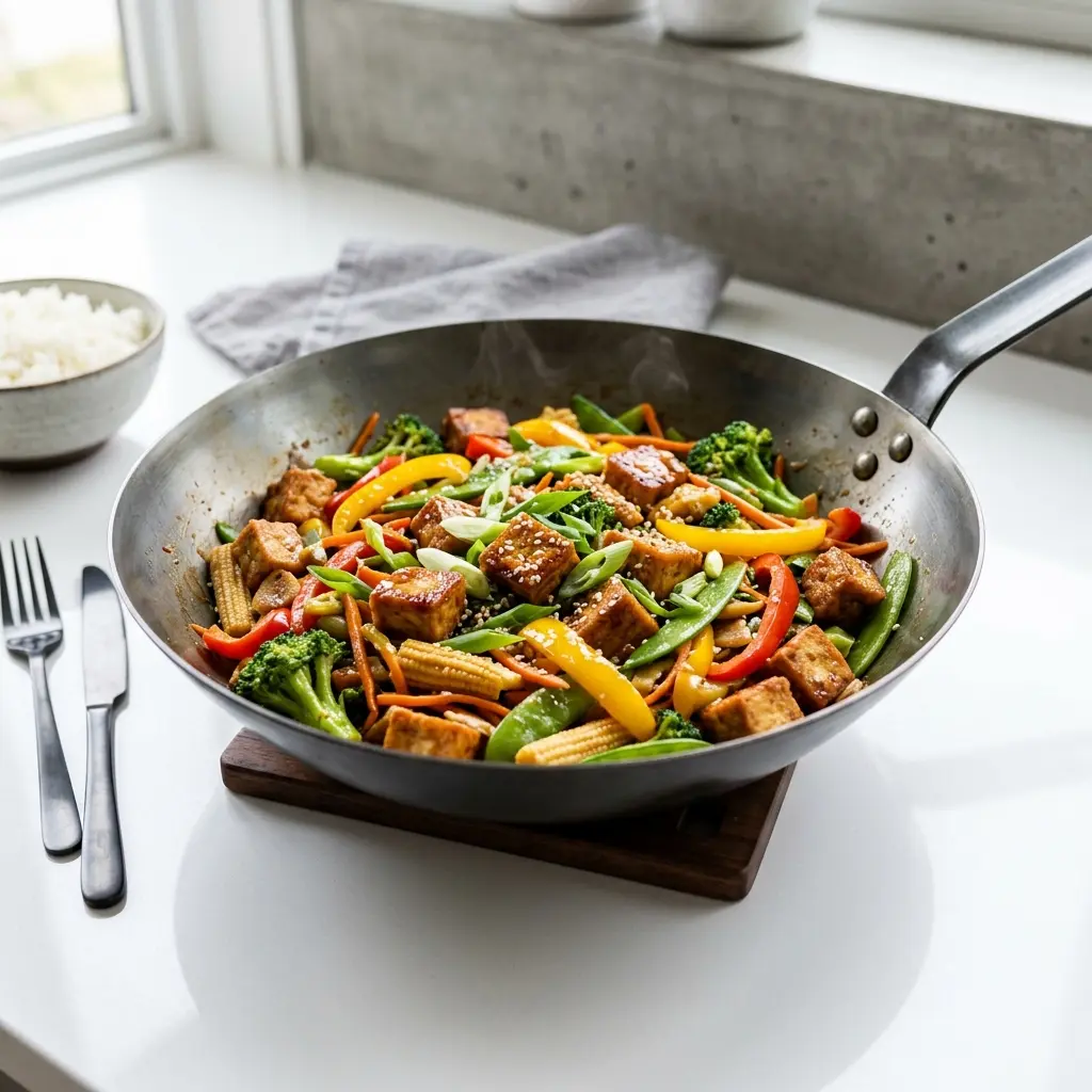 Nylagad tofu i wok serverad på ett aptitligt och hemlagat sätt