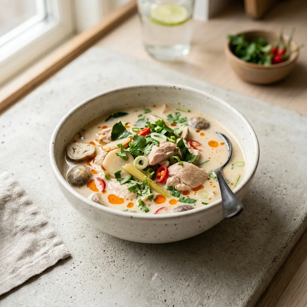 Nylagad tom kha gai med kyckling serverad på ett aptitligt och hemlagat sätt