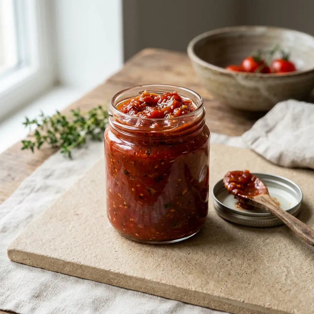 En skål med tomatchutney klar att servera som smakrikt tillbehör