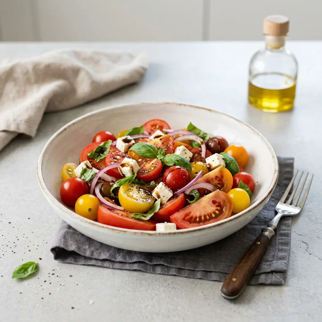 En fräsch portion tomatsallad med färska råvaror och fin servering