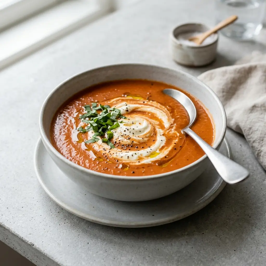 En varm skål tomatsoppa med mascarpone serverad med ett inbjudande och hemlagat uttryck