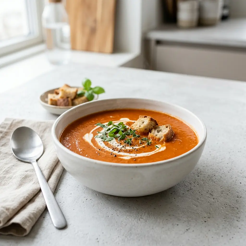 En varm skål tomatsoppa serverad med ett inbjudande och hemlagat uttryck