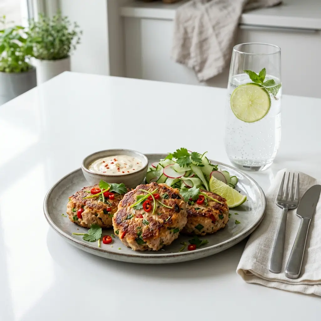 Nylagad tonfiskfrikadeller med chili och lime serverad på ett aptitligt och hemlagat sätt