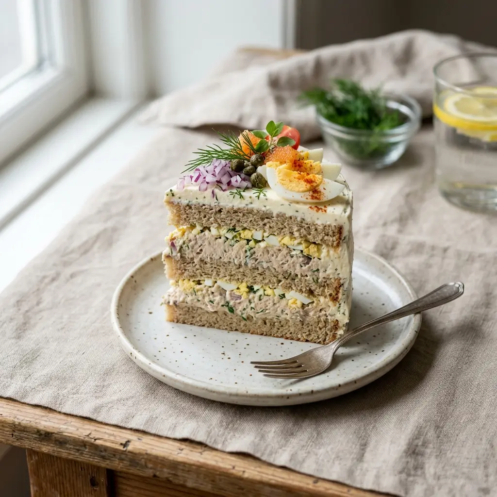 Hemlagad tonfiskmoussetårta serverad som en söt och inbjudande dessert