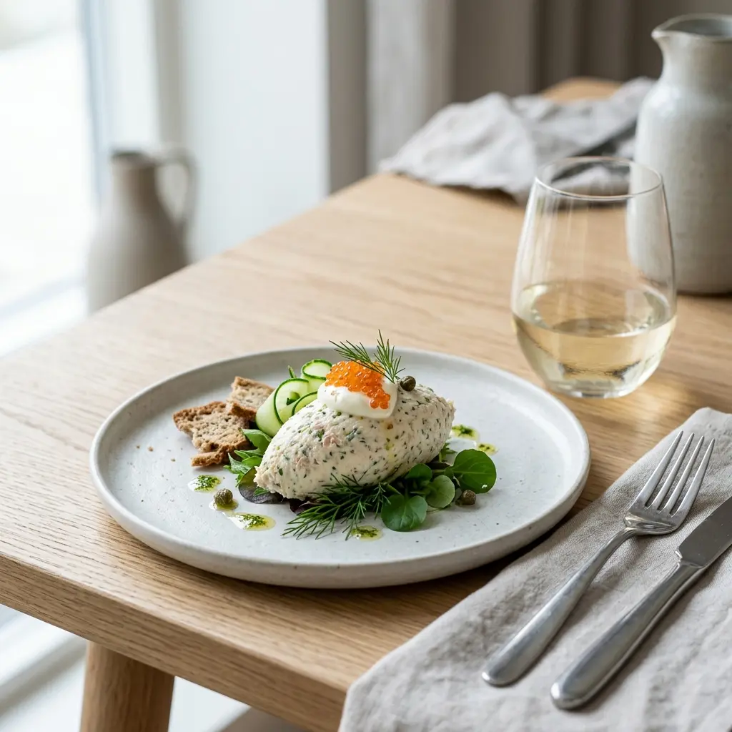 Hemlagad tonfiskmousseuppläggning serverad som en söt och inbjudande dessert