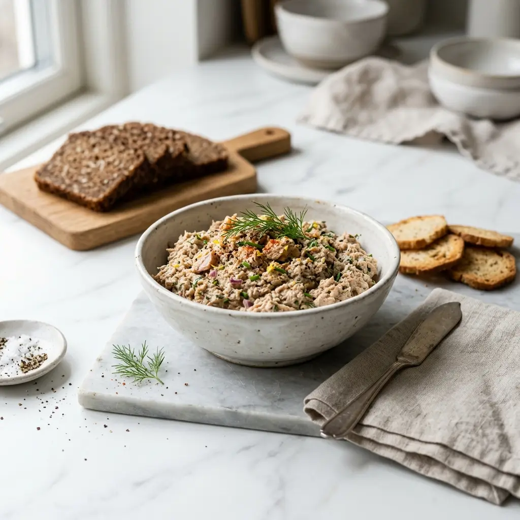 Ett glas tonfiskpaté serverat kallt och fräscht med enkel garnering