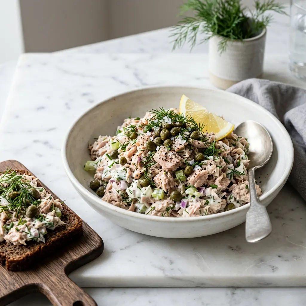 En fräsch portion tonfisksallad med kapris med färska råvaror och fin servering