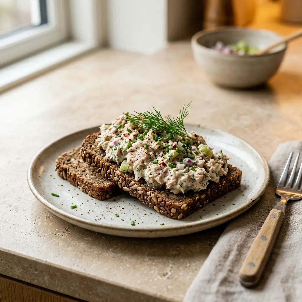 Nybakad tonfisksallad till rågbröd serverad och klar att njuta av