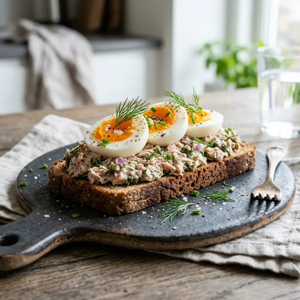 Nylagad tonfisksandwich med ägg serverad på ett aptitligt och hemlagat sätt