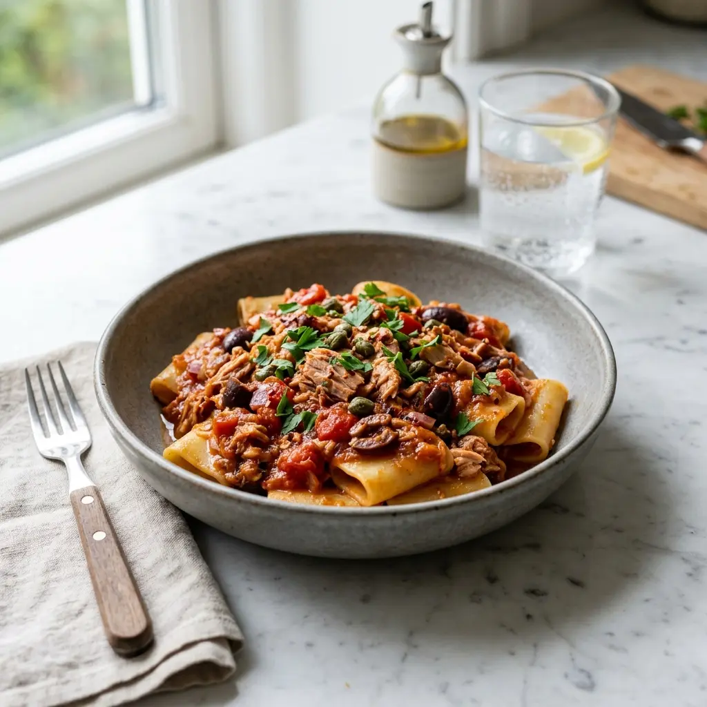 En skål med tonfisksås till pasta klar att servera som smakrikt tillbehör