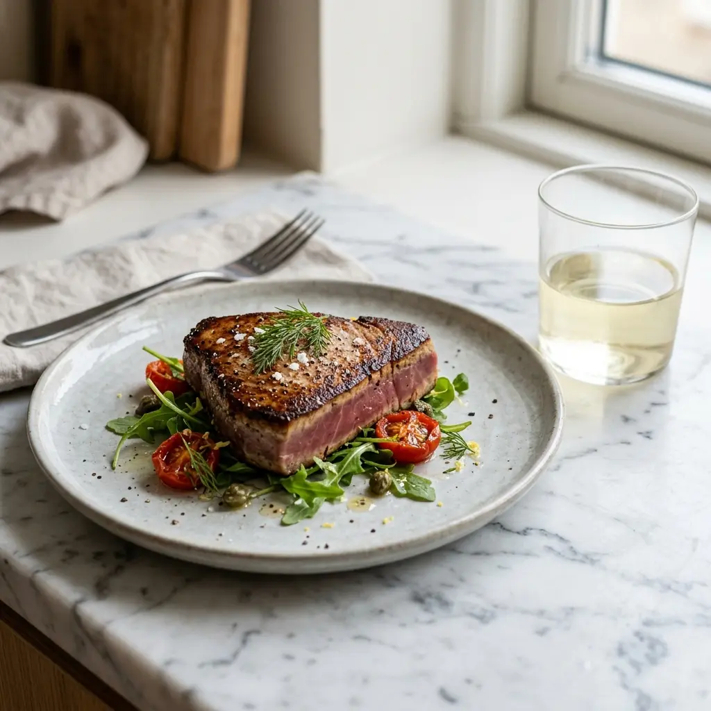 Ett glas tonfiskstek i stekpanna serverat kallt och fräscht med enkel garnering