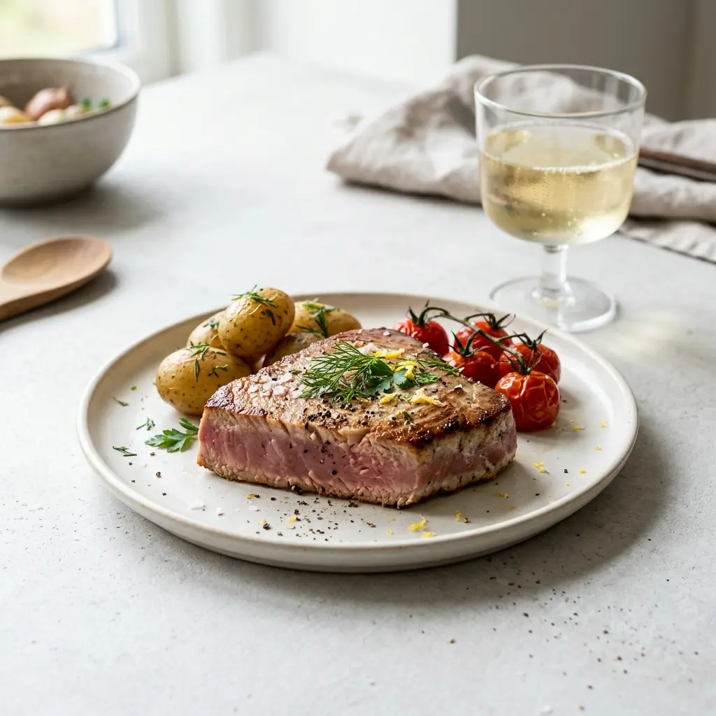 Ett glas tonfiskstek i ugn serverat kallt och fräscht med enkel garnering