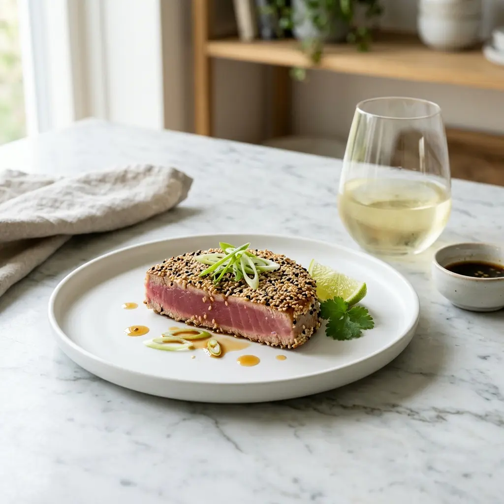 Ett glas tonfiskstek med sesam serverat kallt och fräscht med enkel garnering