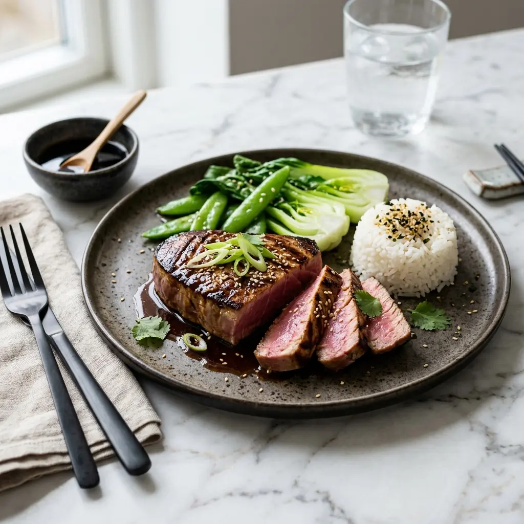 Ett glas tonfiskstek med soja serverat kallt och fräscht med enkel garnering