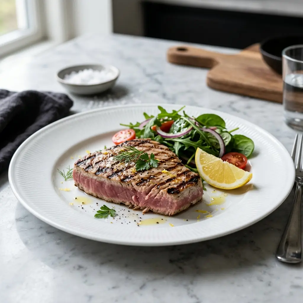 Ett glas tonfiskstek på grillen serverat kallt och fräscht med enkel garnering