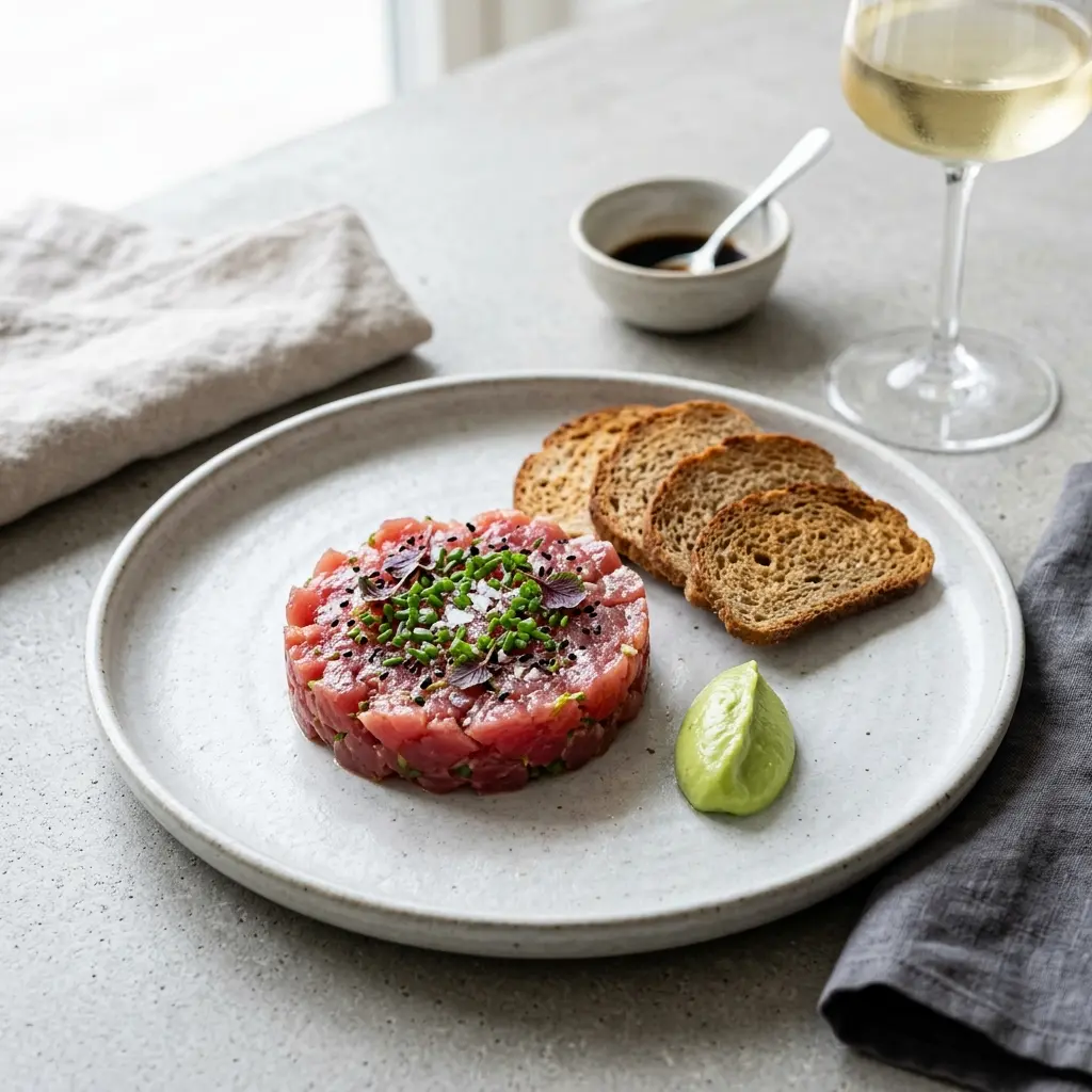 Hemlagad tonfisktartar serverad som en söt och inbjudande dessert