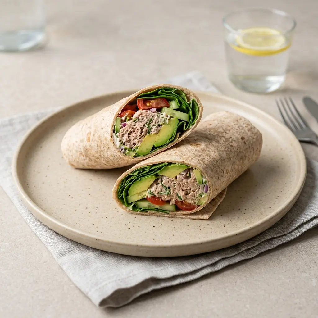 Nylagad tonfiskwrap med avokado serverad på ett aptitligt och hemlagat sätt