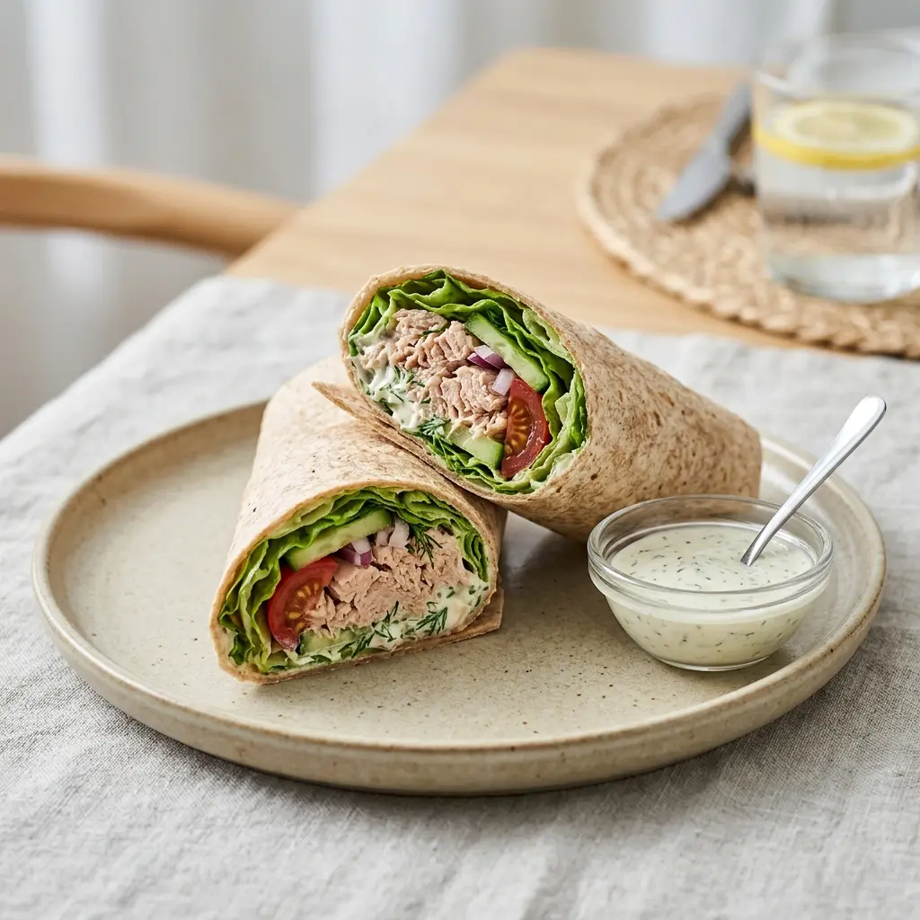 En skål med tonfiskwrap med sallad och dressing klar att servera som smakrikt tillbehör