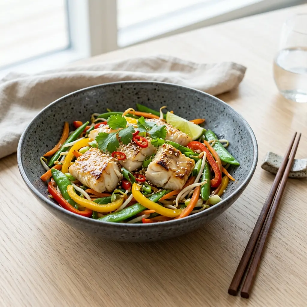 Nylagad torsk i wok serverad på ett aptitligt och hemlagat sätt