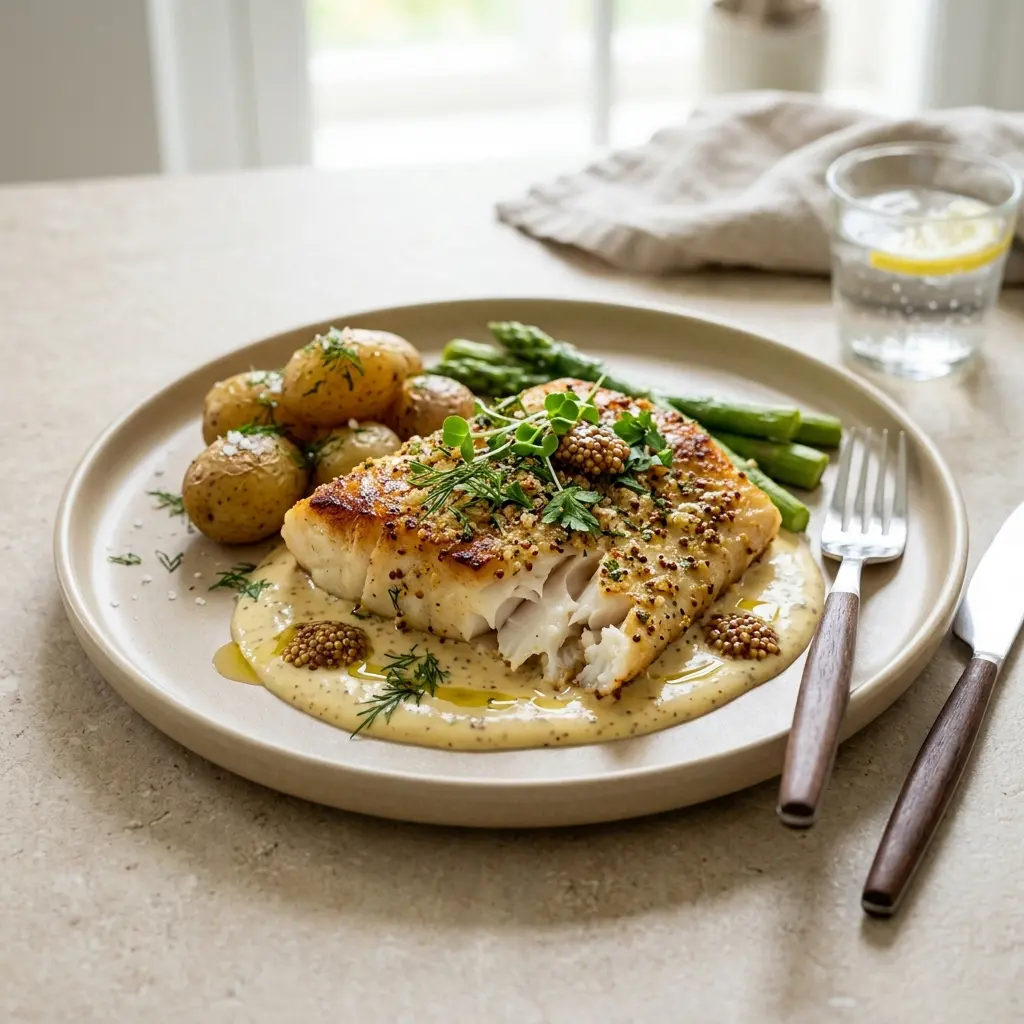 Nylagad torsk med dijonsenap serverad på ett aptitligt och hemlagat sätt