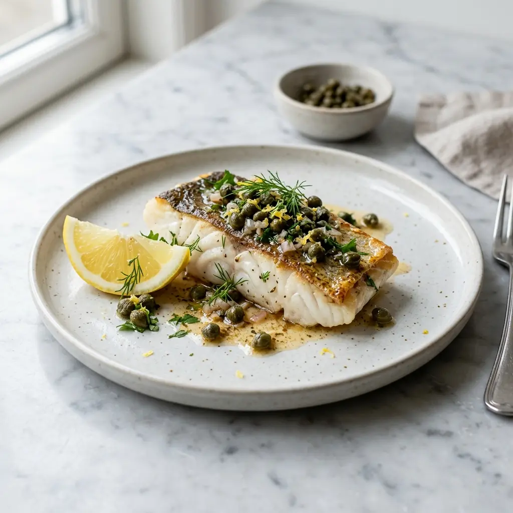 Nylagad torsk med kapris och citron serverad på ett aptitligt och hemlagat sätt