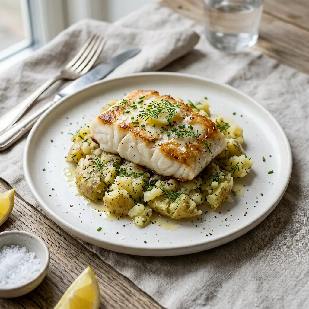 Nylagad torsk med krossad potatis serverad på ett aptitligt och hemlagat sätt
