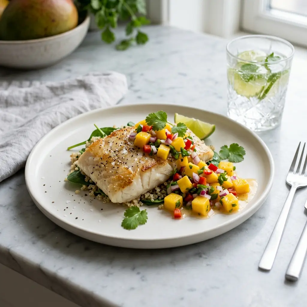 En skål med torsk med mangosalsa klar att servera som smakrikt tillbehör