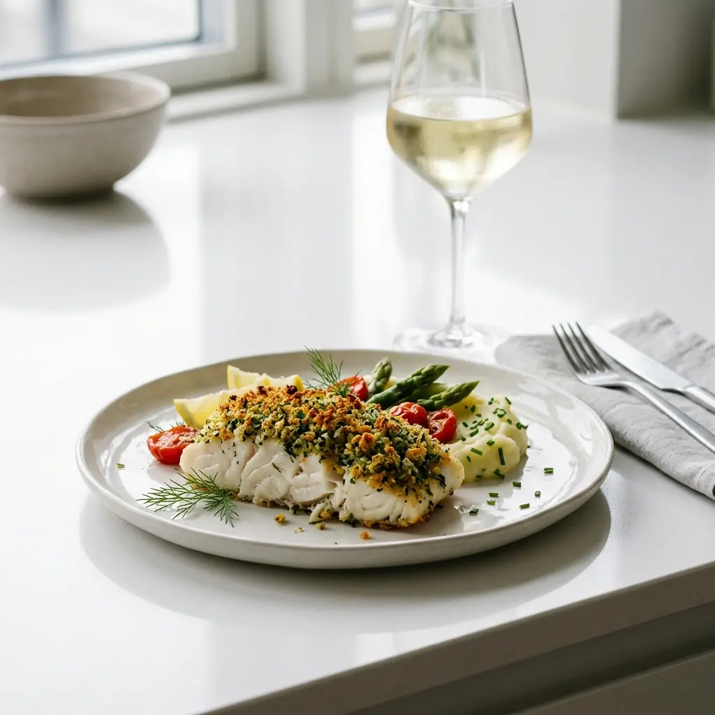 Nylagad torsk med örtcrust serverad på ett aptitligt och hemlagat sätt