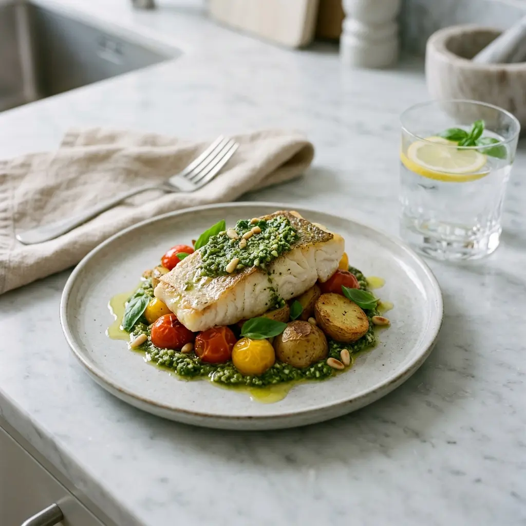 En skål med torsk med pesto klar att servera som smakrikt tillbehör