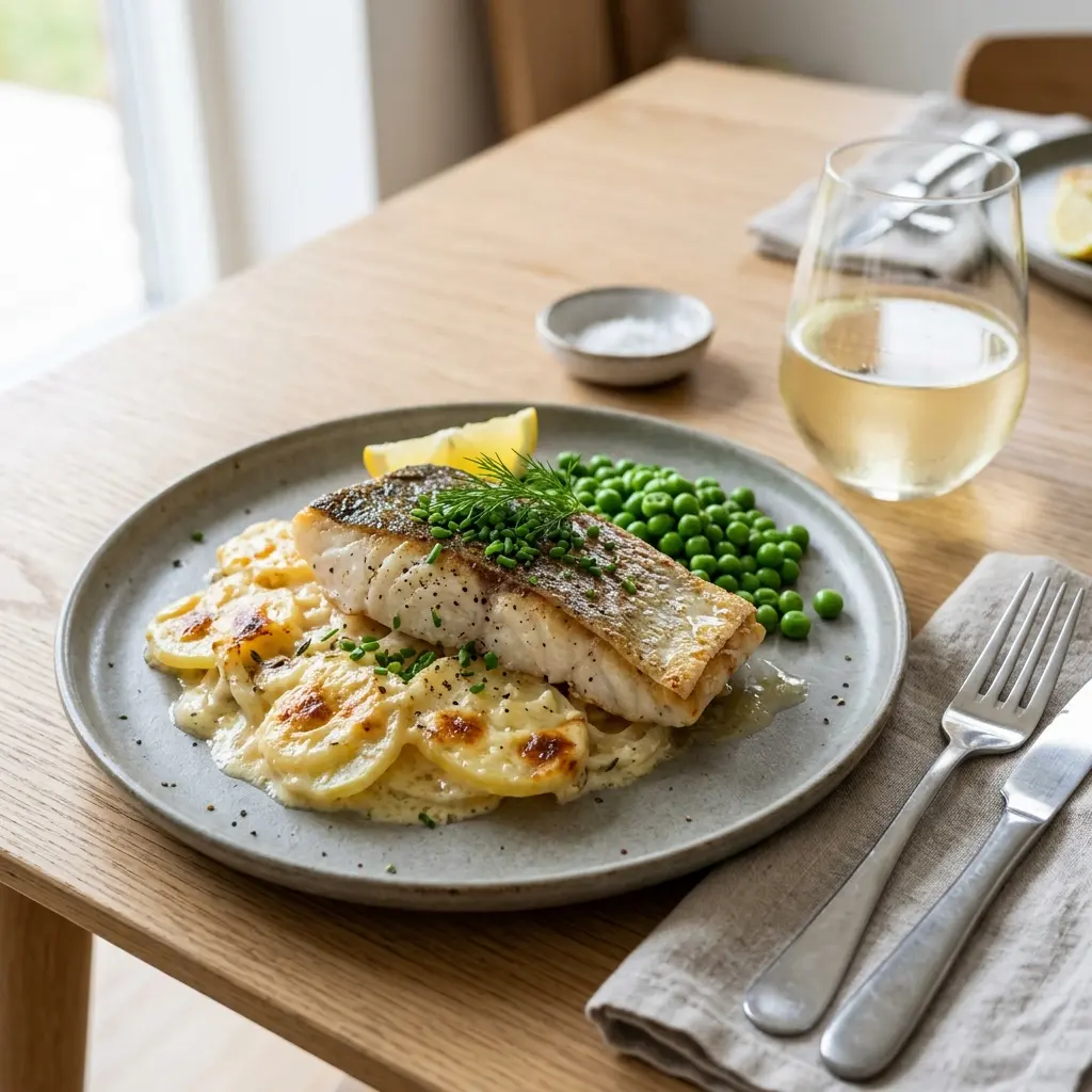 Nylagad torsk med potatisgratäng serverad på ett aptitligt och hemlagat sätt