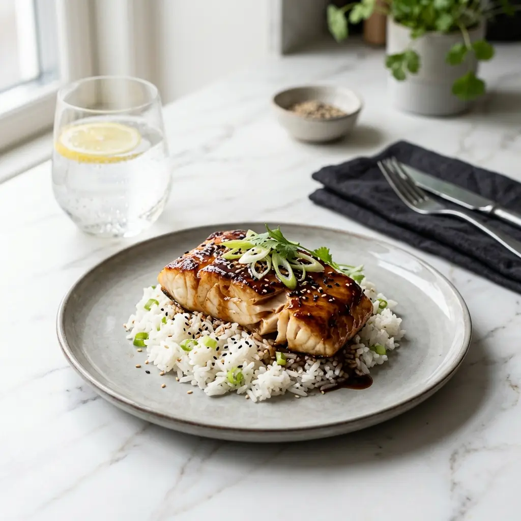Ett glas torsk med teriyaki serverat kallt och fräscht med enkel garnering