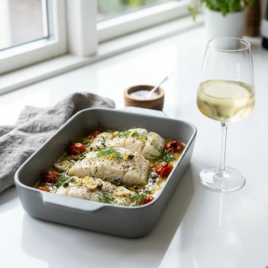 Nylagad torskfilé i ugn serverad på ett aptitligt och hemlagat sätt