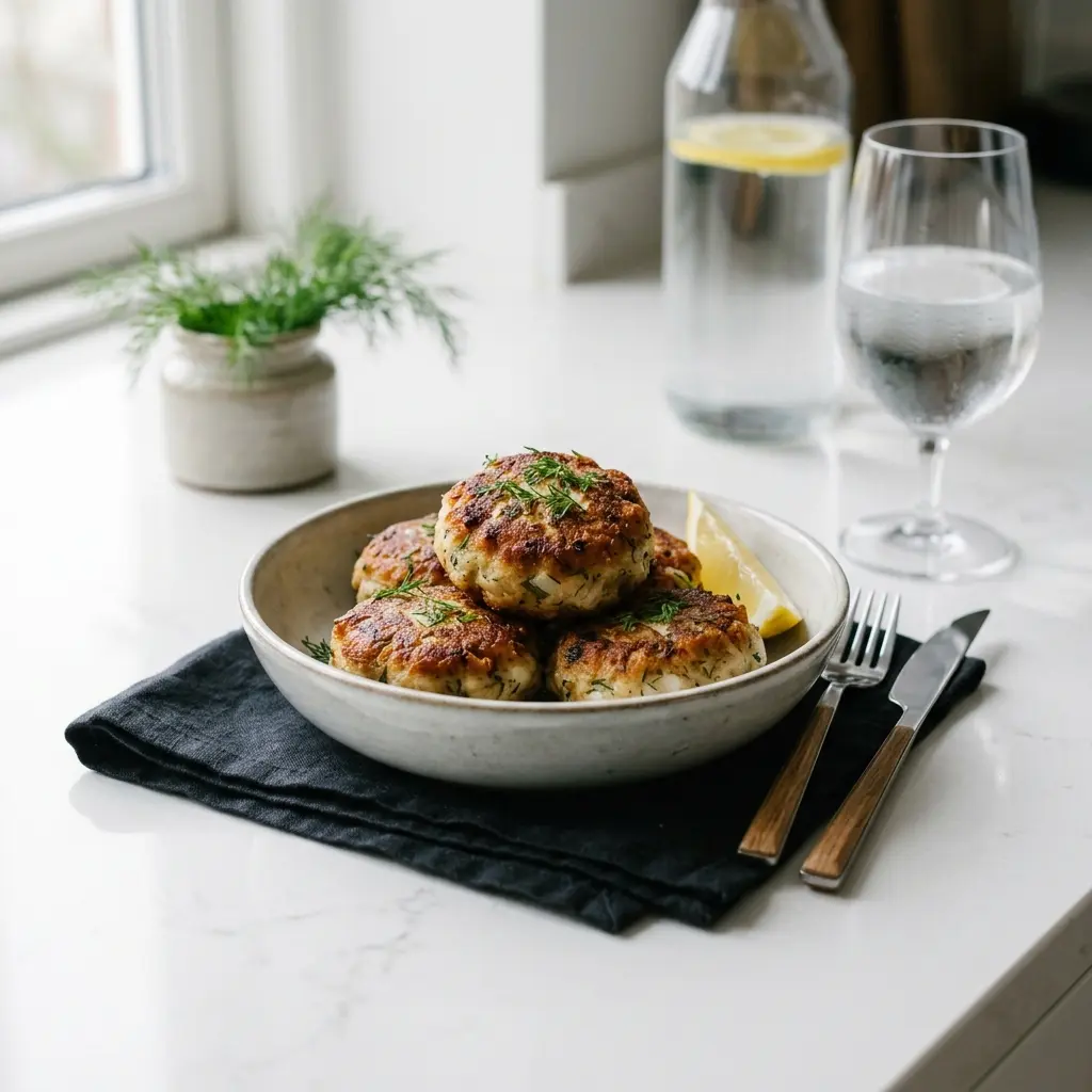 Nylagad torskfrikadeller serverad på ett aptitligt och hemlagat sätt