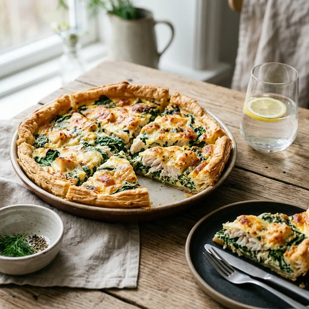 Hemlagad torskpaj med spenat serverad som en söt och inbjudande dessert