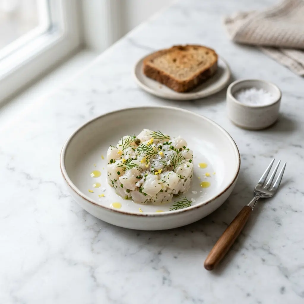Hemlagad torsktartar serverad som en söt och inbjudande dessert