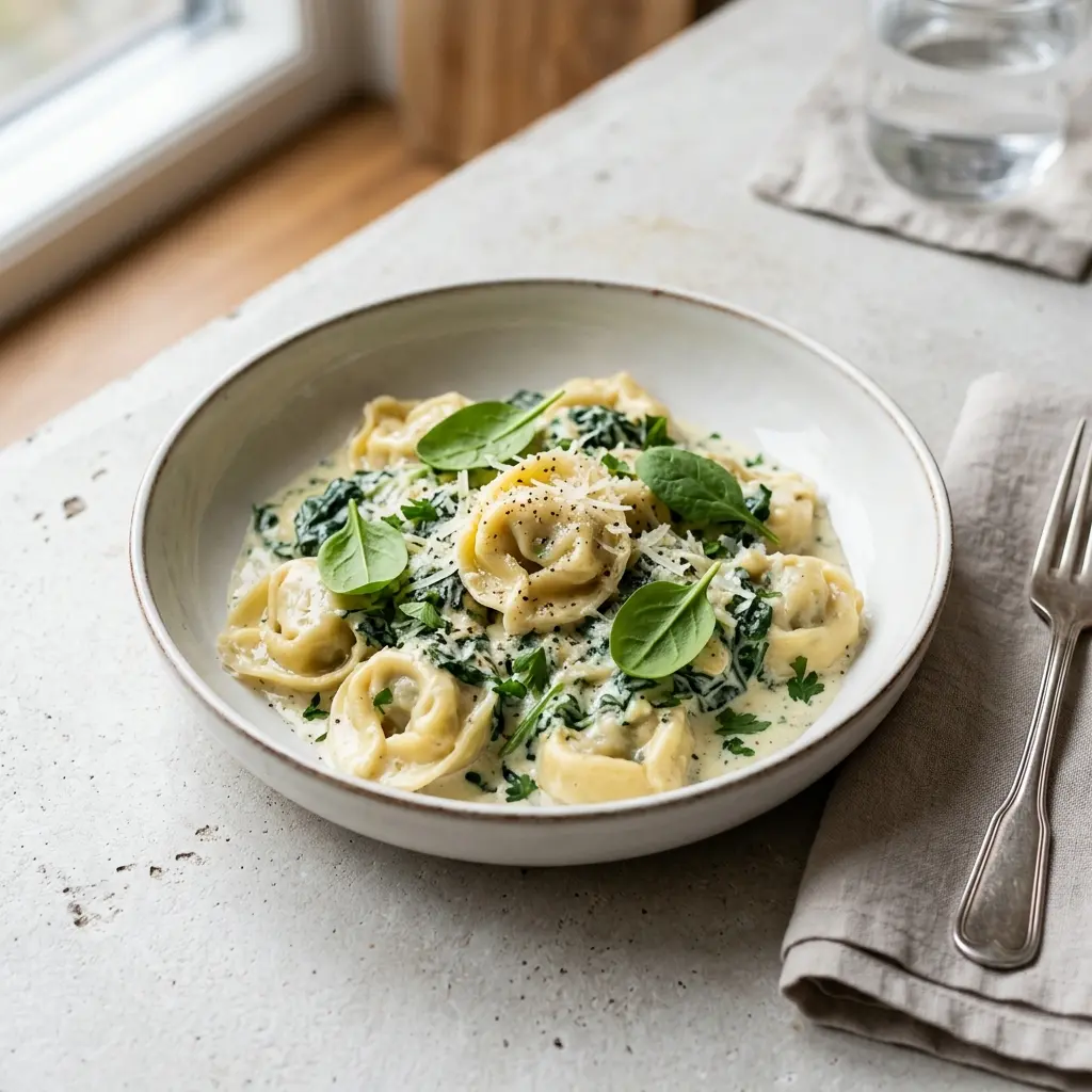 Ett glas tortellini med ost och spenat serverat kallt och fräscht med enkel garnering
