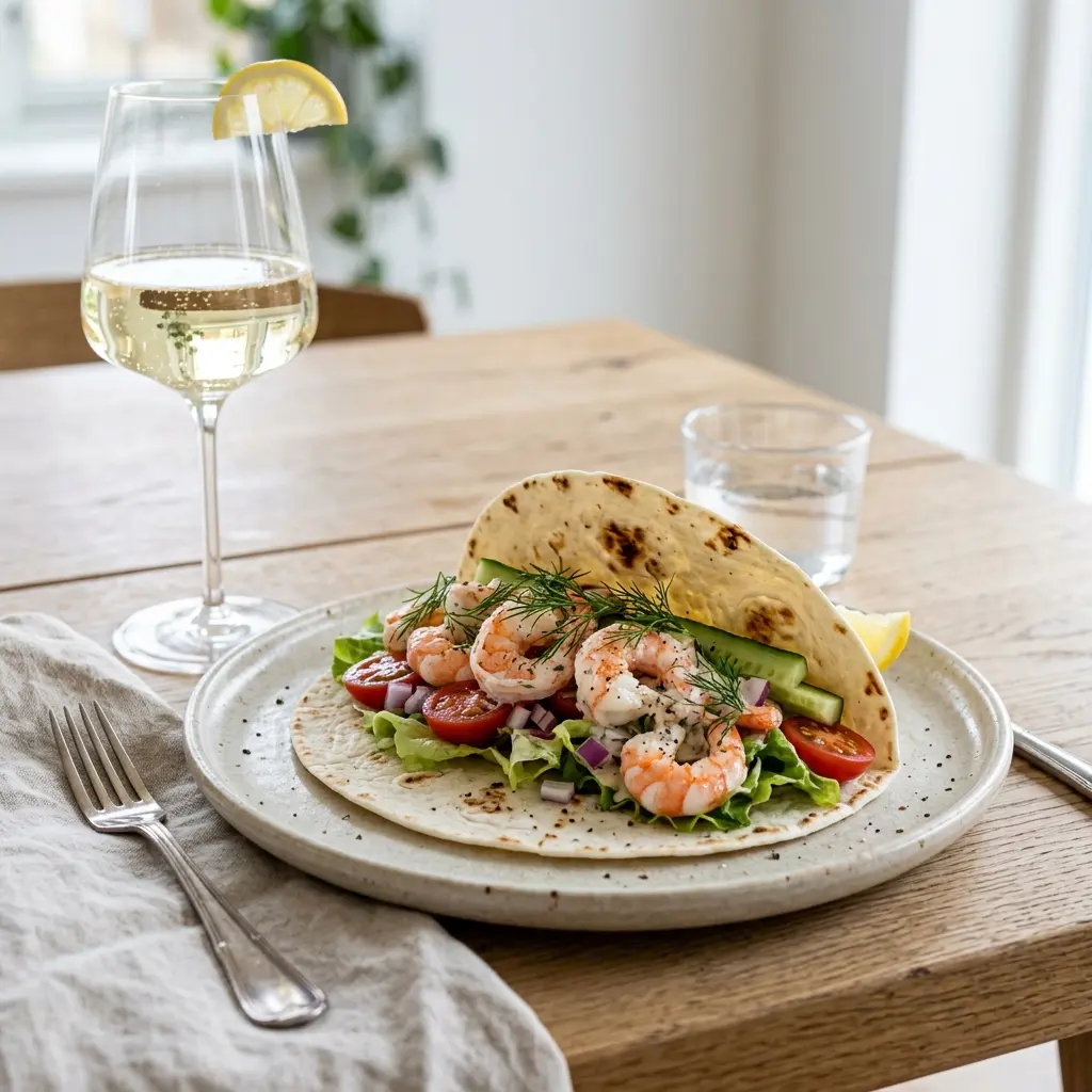 Nylagad tortilla med räkor serverad på ett aptitligt och hemlagat sätt