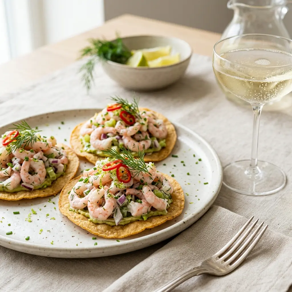 Nylagad tostadas med räkor serverad på ett aptitligt och hemlagat sätt