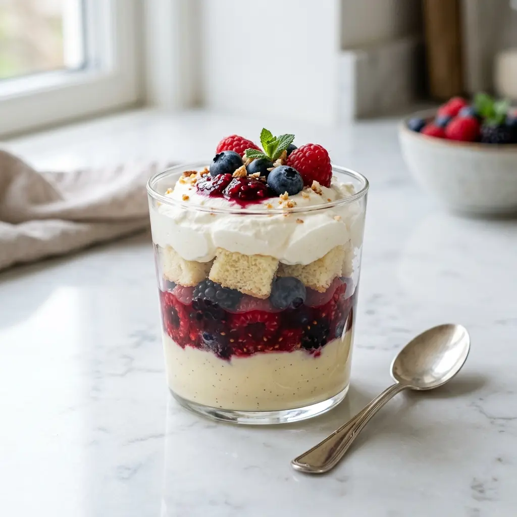 Nylagad trifle med bär serverad på ett aptitligt och hemlagat sätt