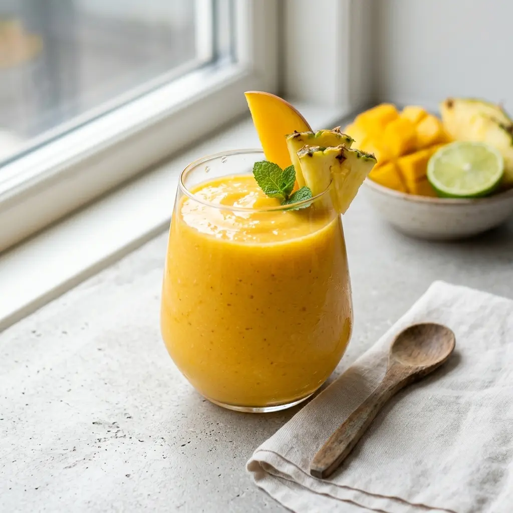 Ett glas tropisk smoothie serverat kallt och fräscht med enkel garnering