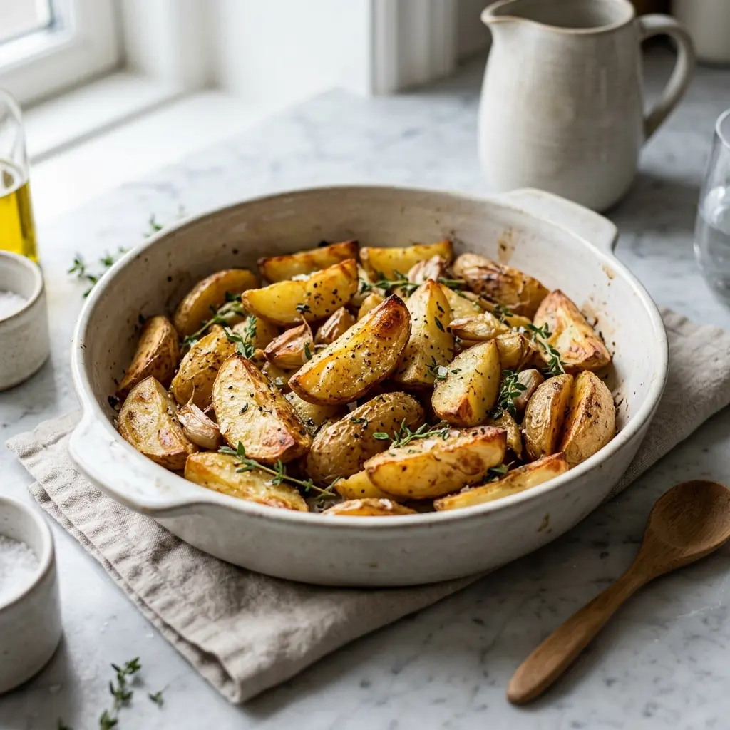 Ett glas ugnsstekt potatis serverat kallt och fräscht med enkel garnering