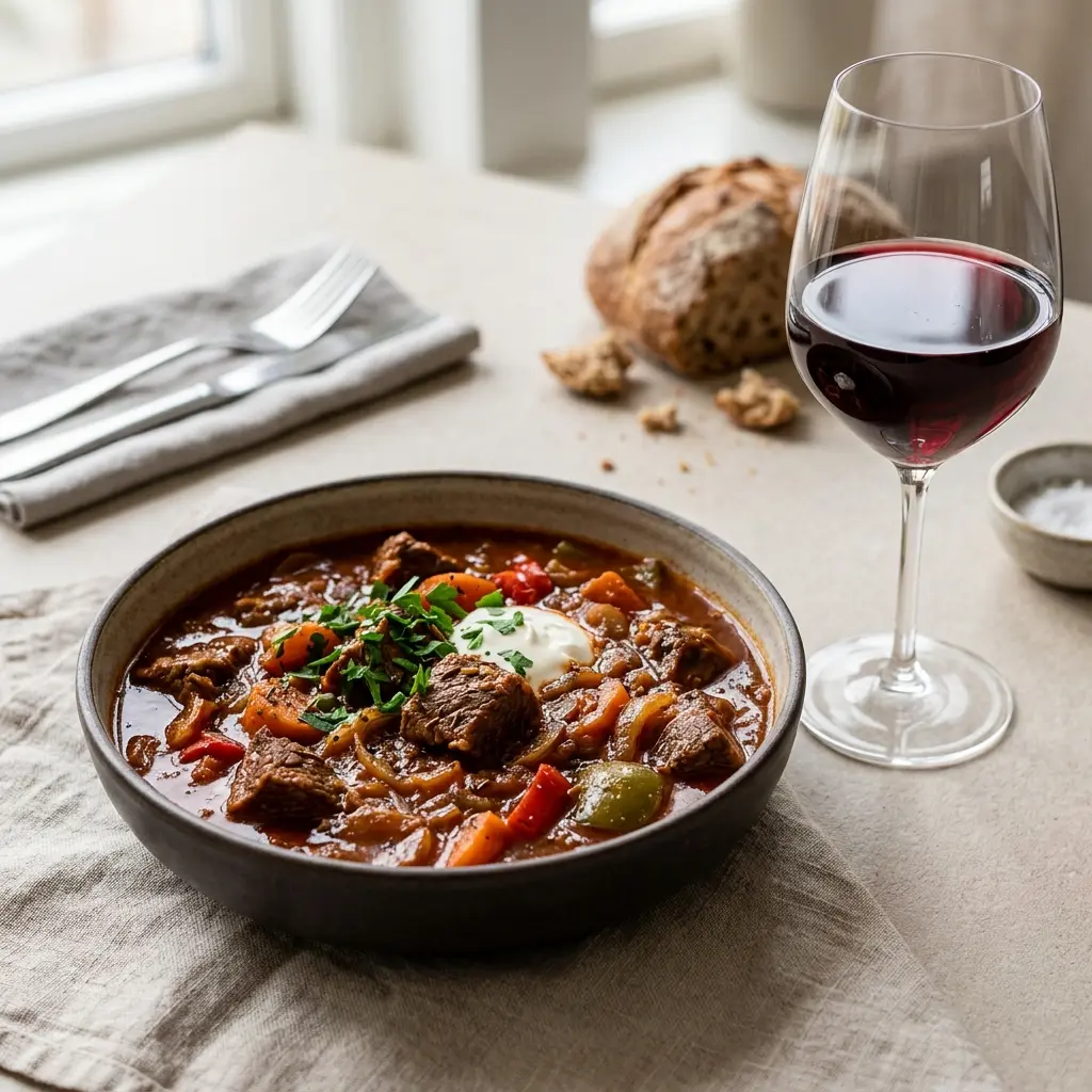 Nylagad ungersk gulasch serverad på ett aptitligt och hemlagat sätt