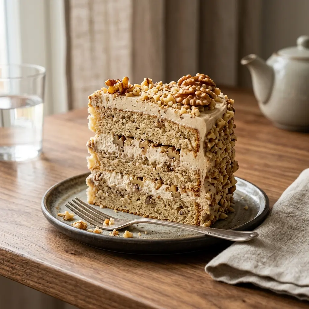 Hemlagad valnötstårta serverad som en söt och inbjudande dessert