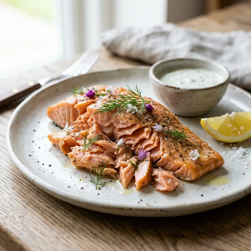 Nylagad varmrökt lax serverad på ett aptitligt och hemlagat sätt